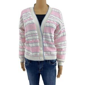 Park Ave. South (M) American VINTAGE 70s White Pink Knit Cardigan Sweater
